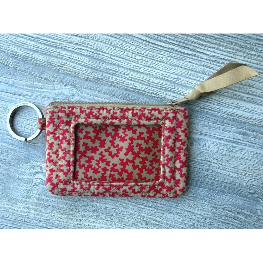 Vera Bradley Quilted ID Case Key Ring Wallet Coin Purse Red Tan Floral Pattern
